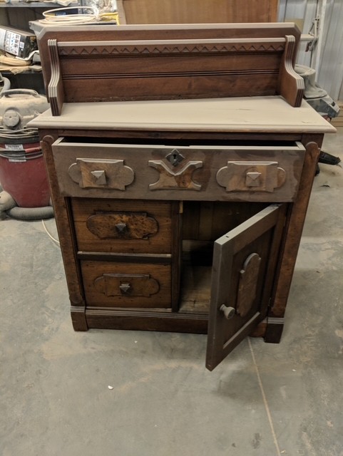 Antique Victorian side table before restoration, with worn finish and missing hardware